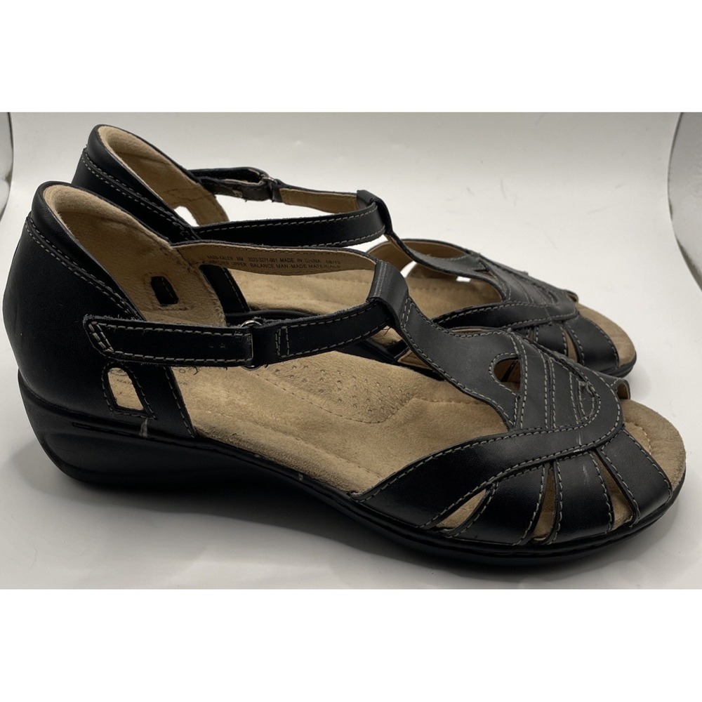G.H. Bass & Co. Kalen Black Leather Buckle Sandals Wedge Heel Open Toe Women 8M